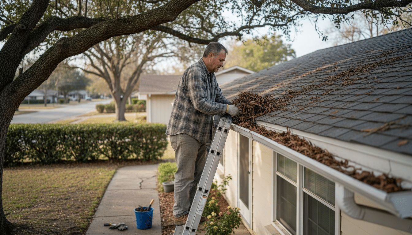 Homeowner cleaning gutters on suburban home
