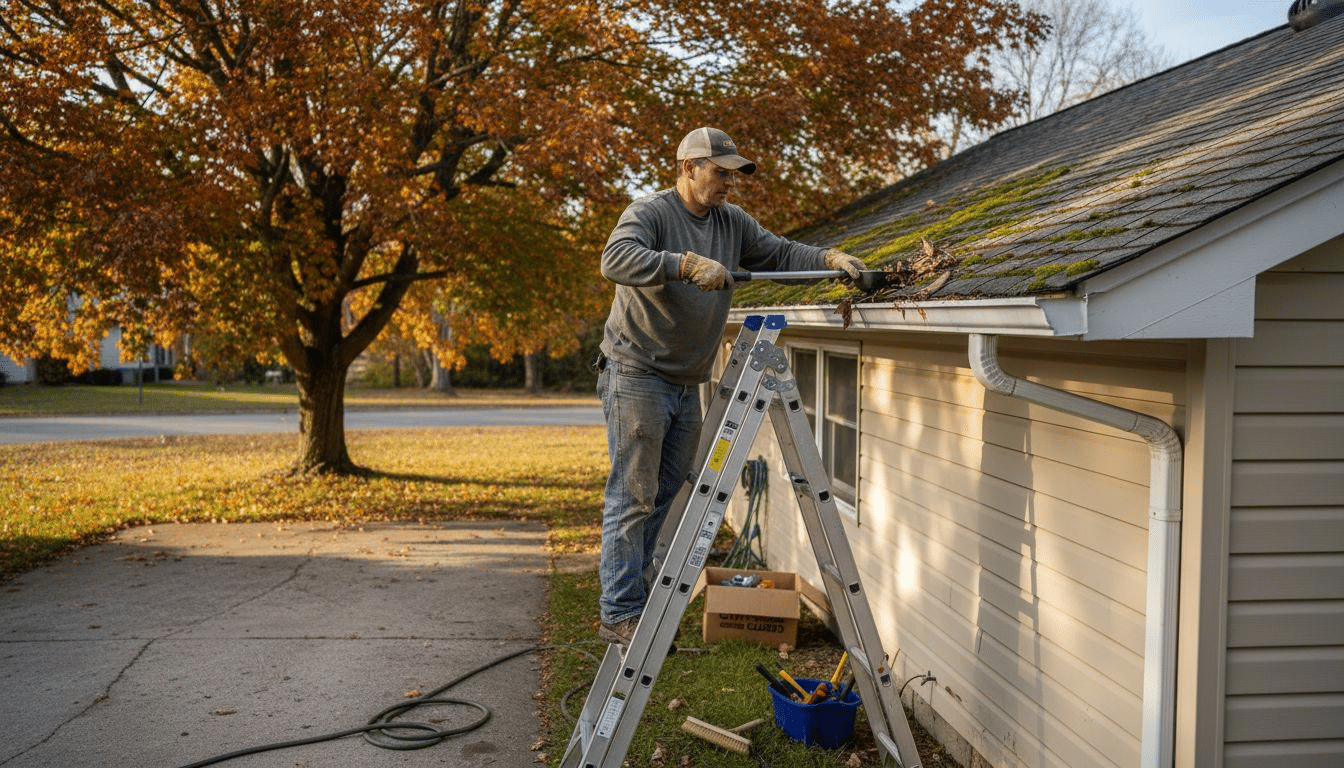 Homeowner uses tools for gutter maintenance