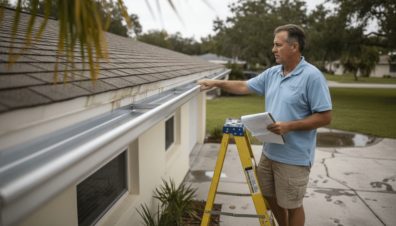 Contractor inspecting seamless gutters on Florida home