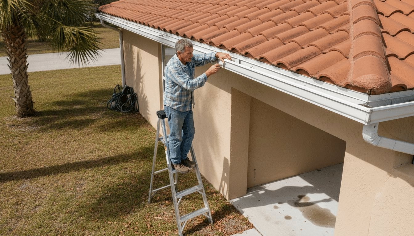 Homeowner inspecting gutter on Florida house