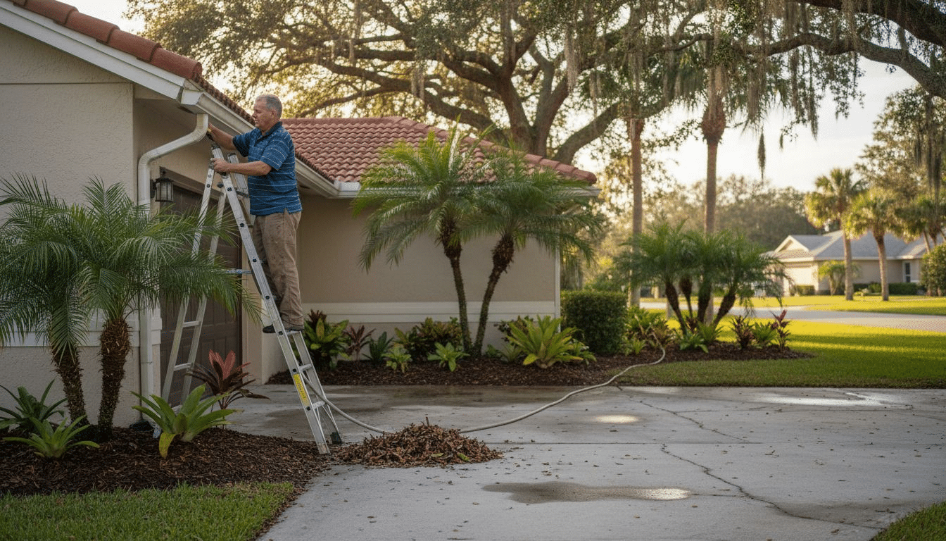Homeowner cleaning gutter in Florida yard