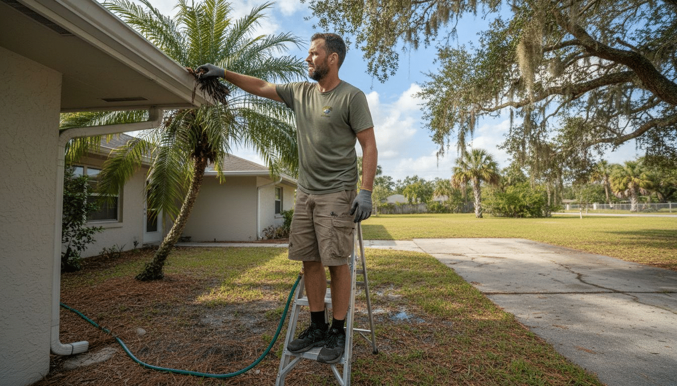 Homeowner cleaning gutters on Florida house in sunlight
