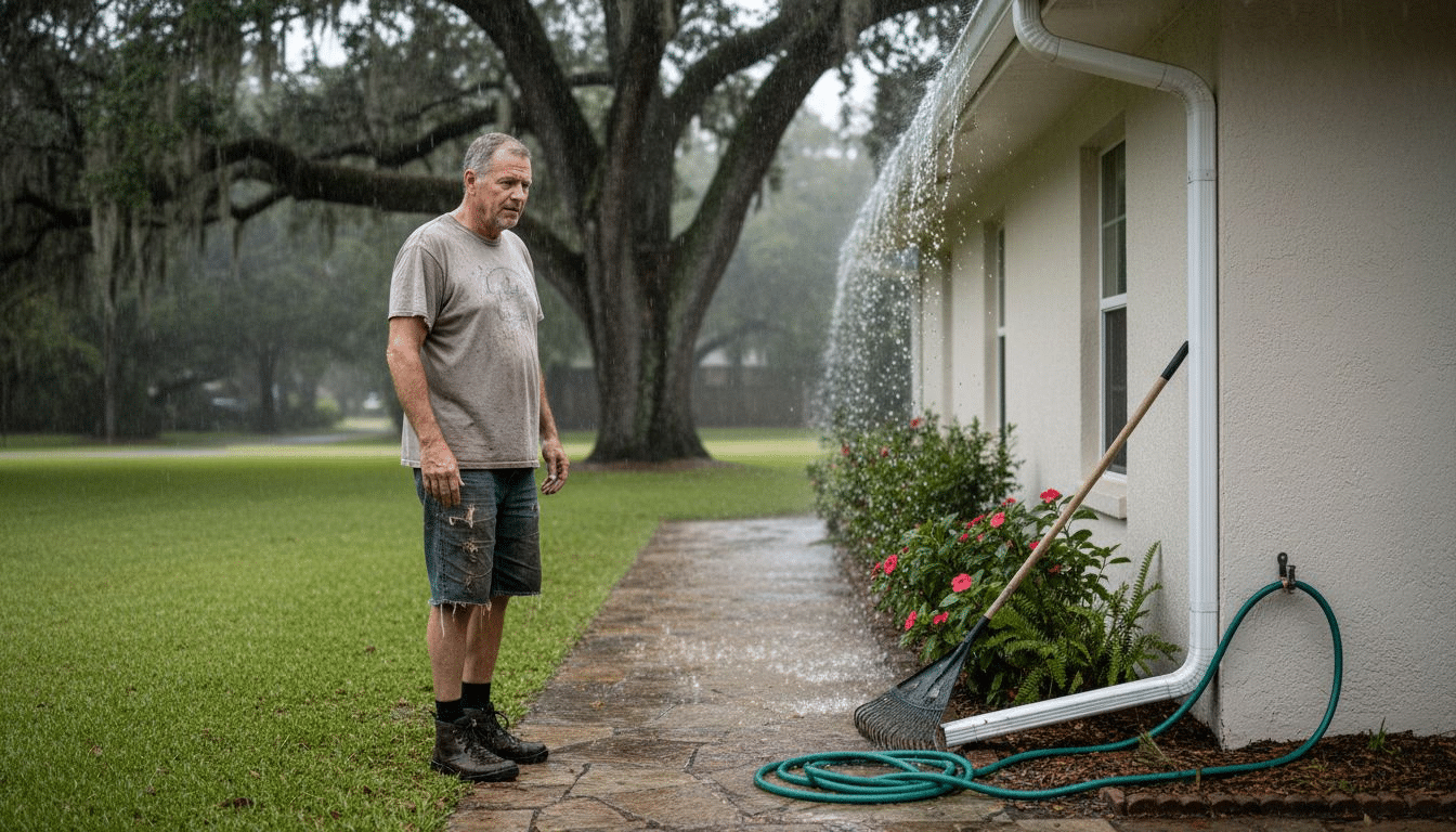 Rain flowing from roof into home gutters