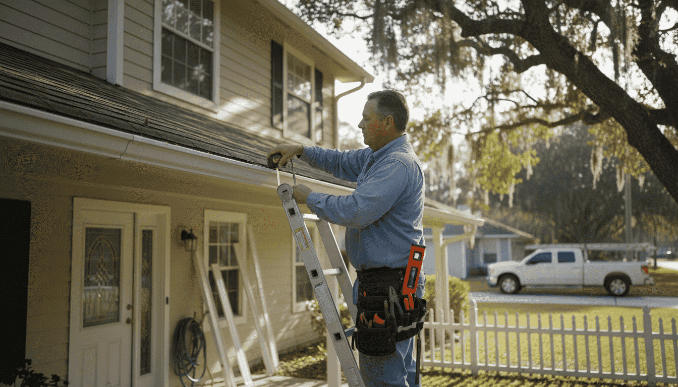 Contractor measuring roof for custom gutters