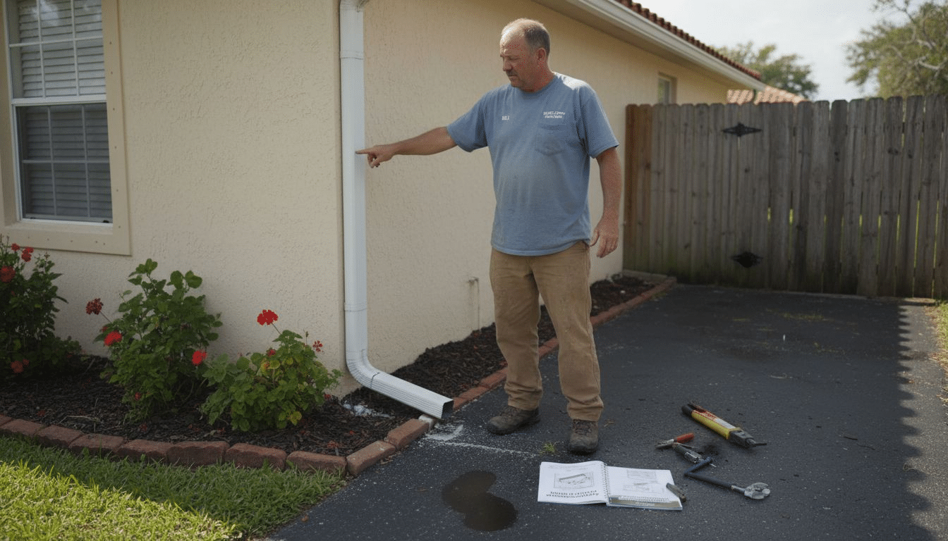 Contractor showing home downspout placement