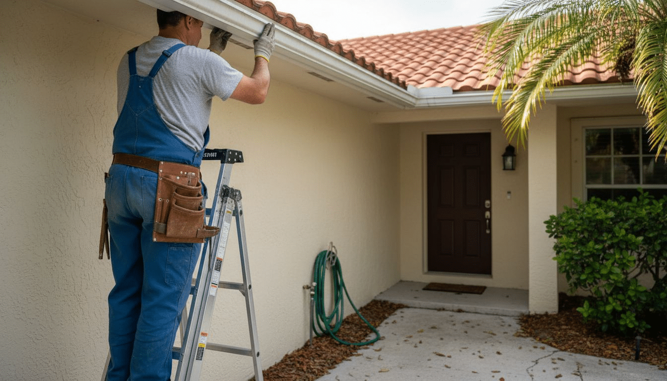 Installer fitting seamless gutter on Florida home