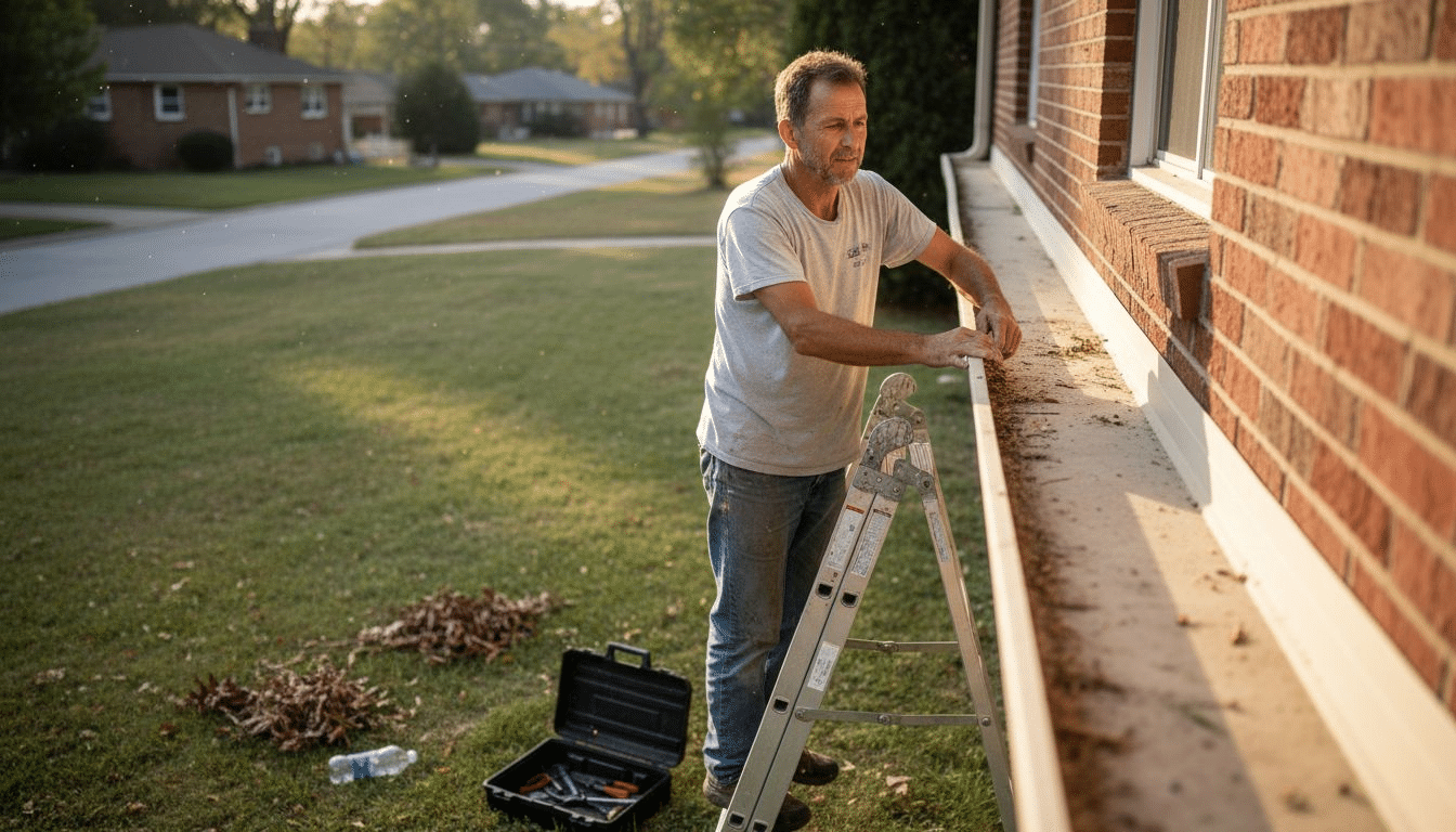 Homeowner maintaining seamless gutters outside house