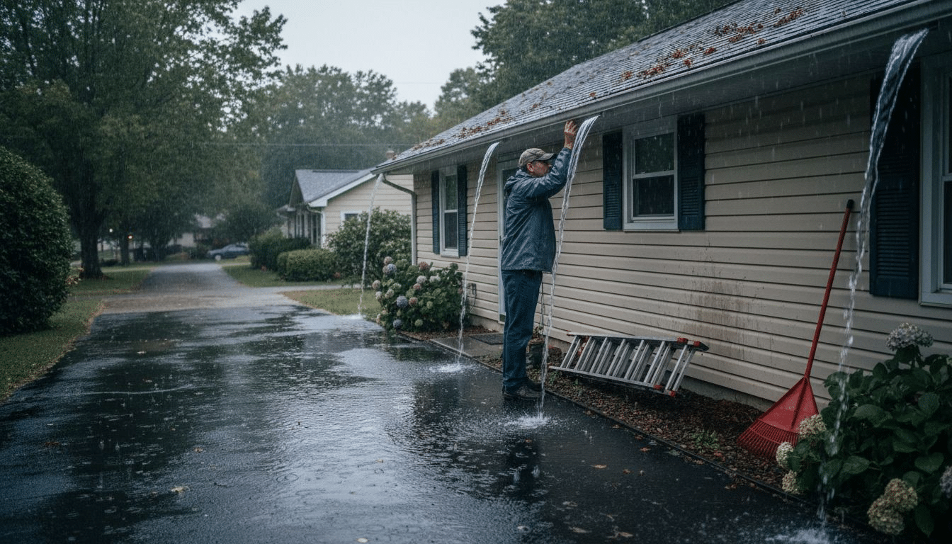 Homeowner checking gutters during rainstorm