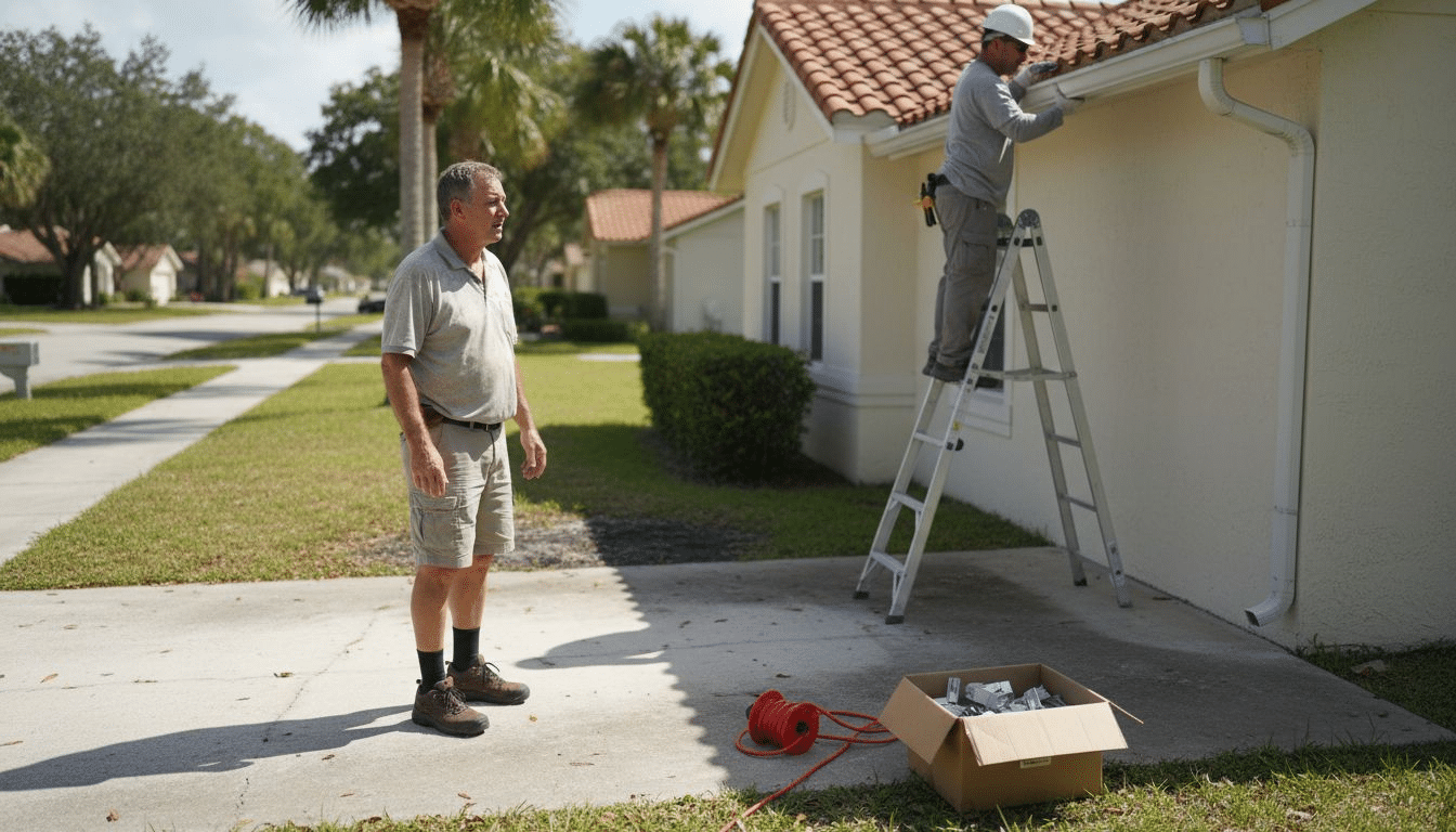 Contractor installing gutters on Central Florida home