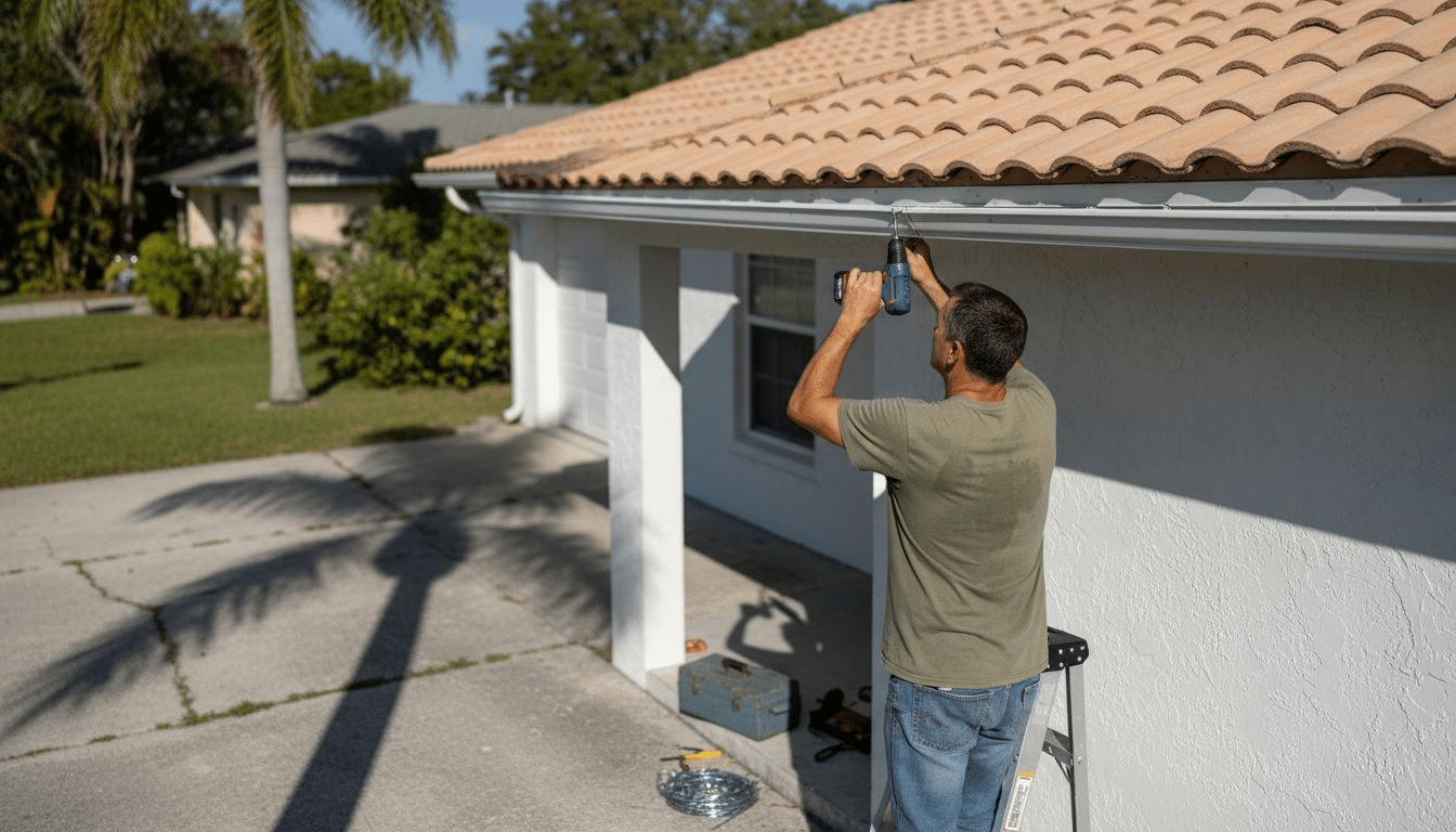 Installing seamless gutters on Florida home