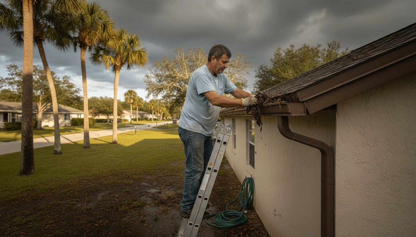 Person cleaning home gutters before storm