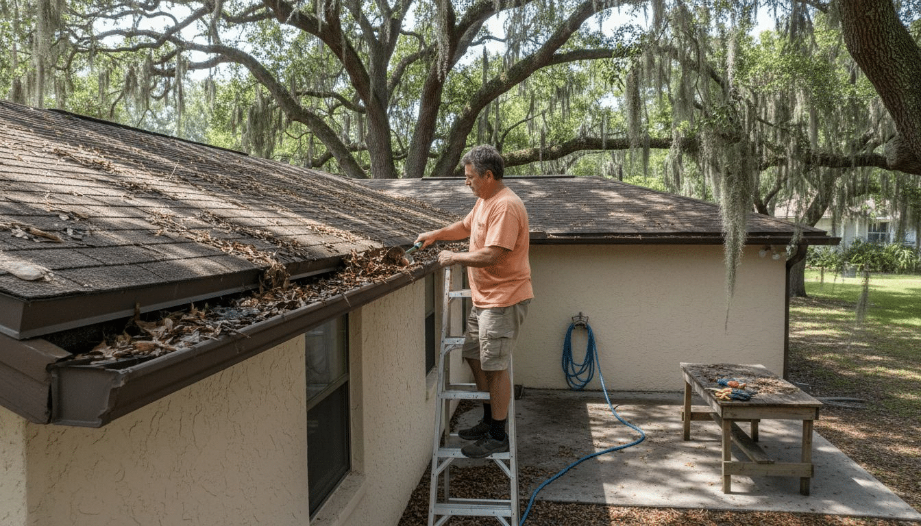 Homeowner cleaning Central Florida home gutters