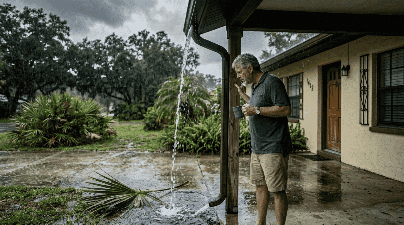 Florida homeowner observing gutters during rainstorm
