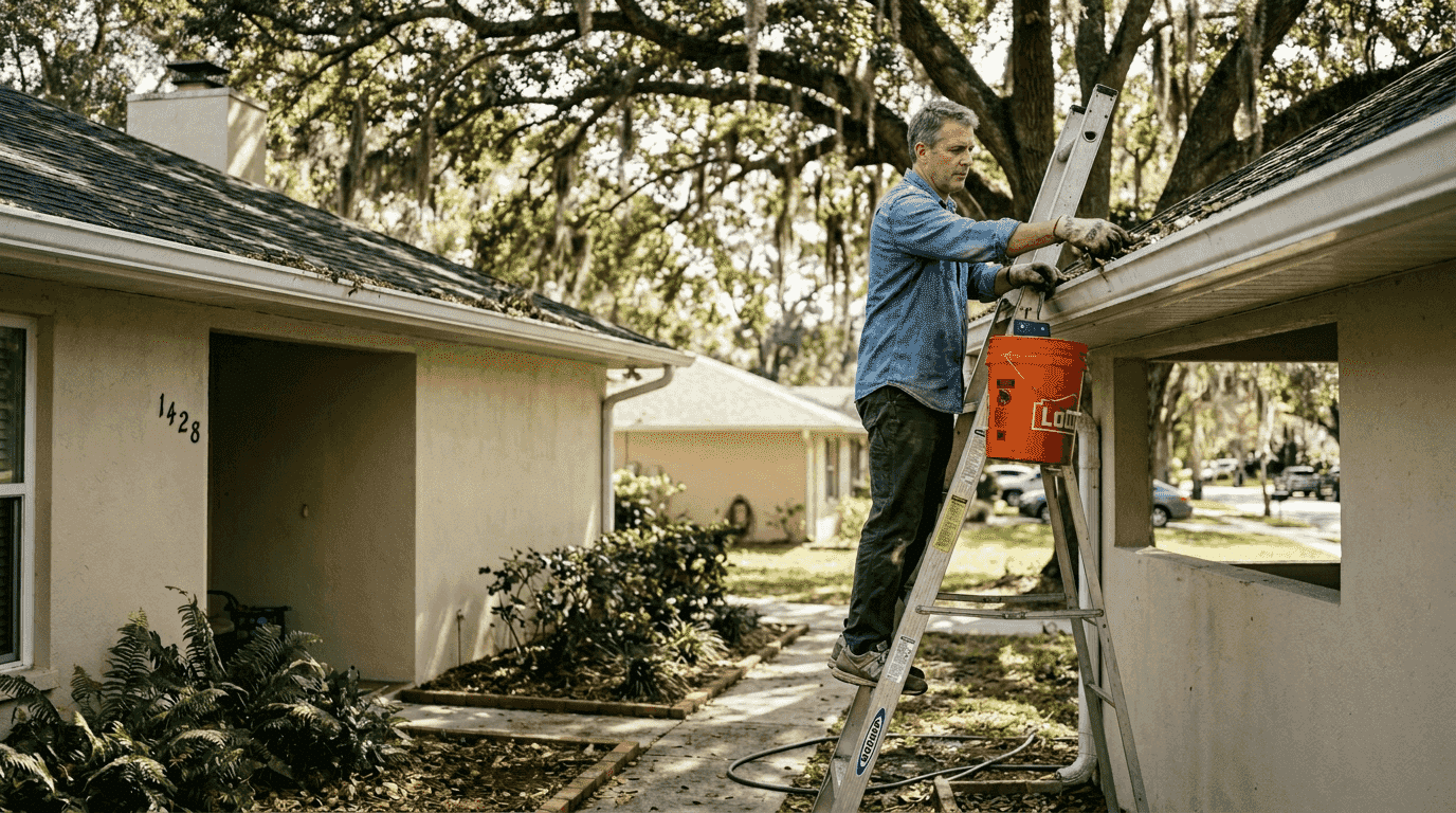 Homeowner cleaning gutters from ladder in Florida