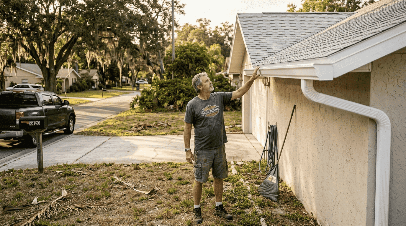 Florida homeowner inspecting K-style gutter system