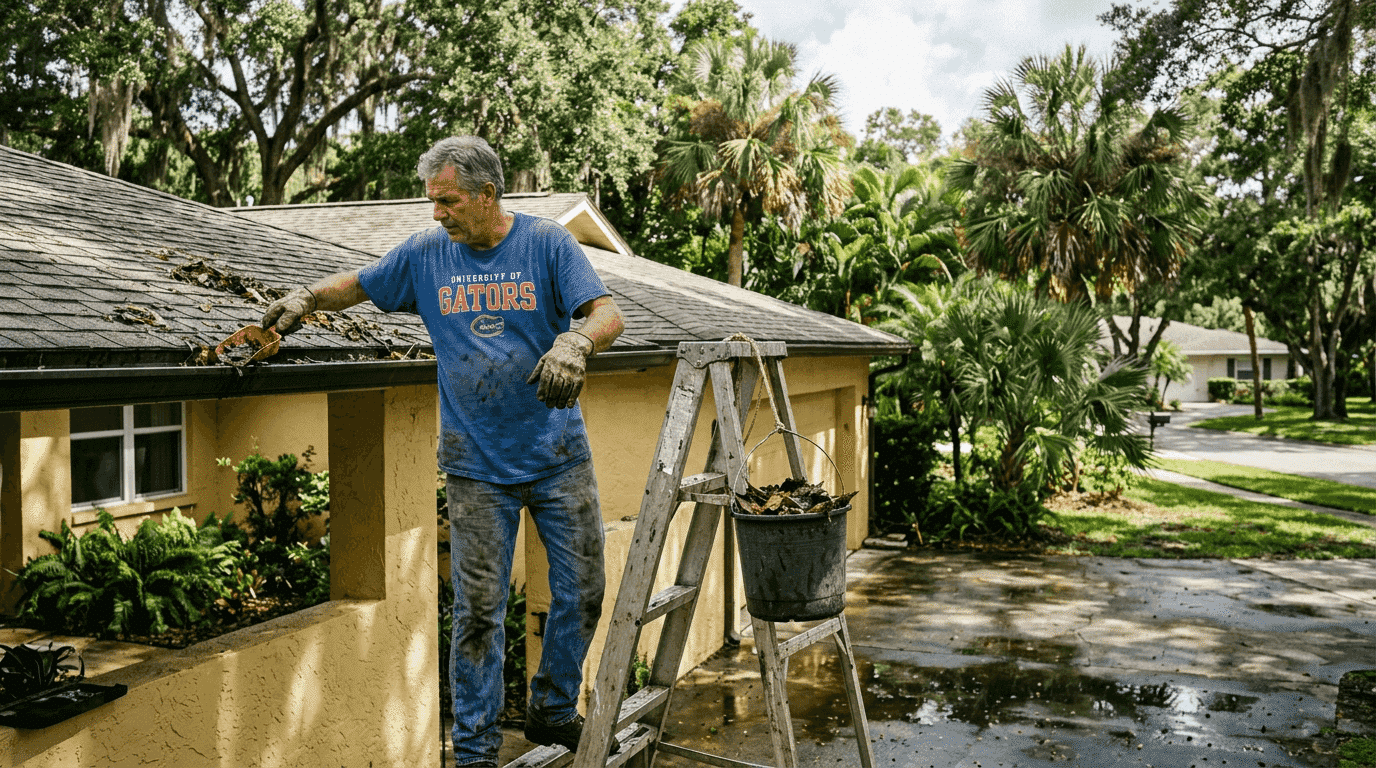 Homeowner cleaning gutters in Florida yard