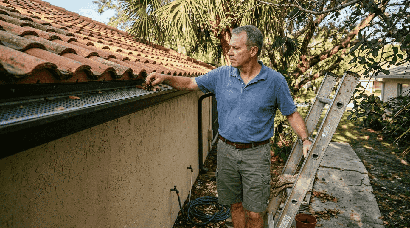 Homeowner inspecting Florida gutter guard system