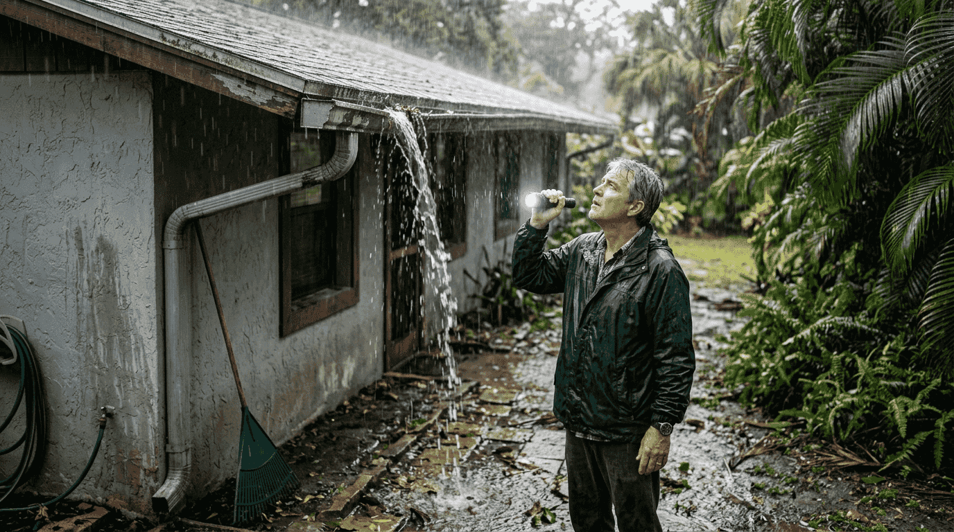 Homeowner inspecting overflowing gutters in heavy rain