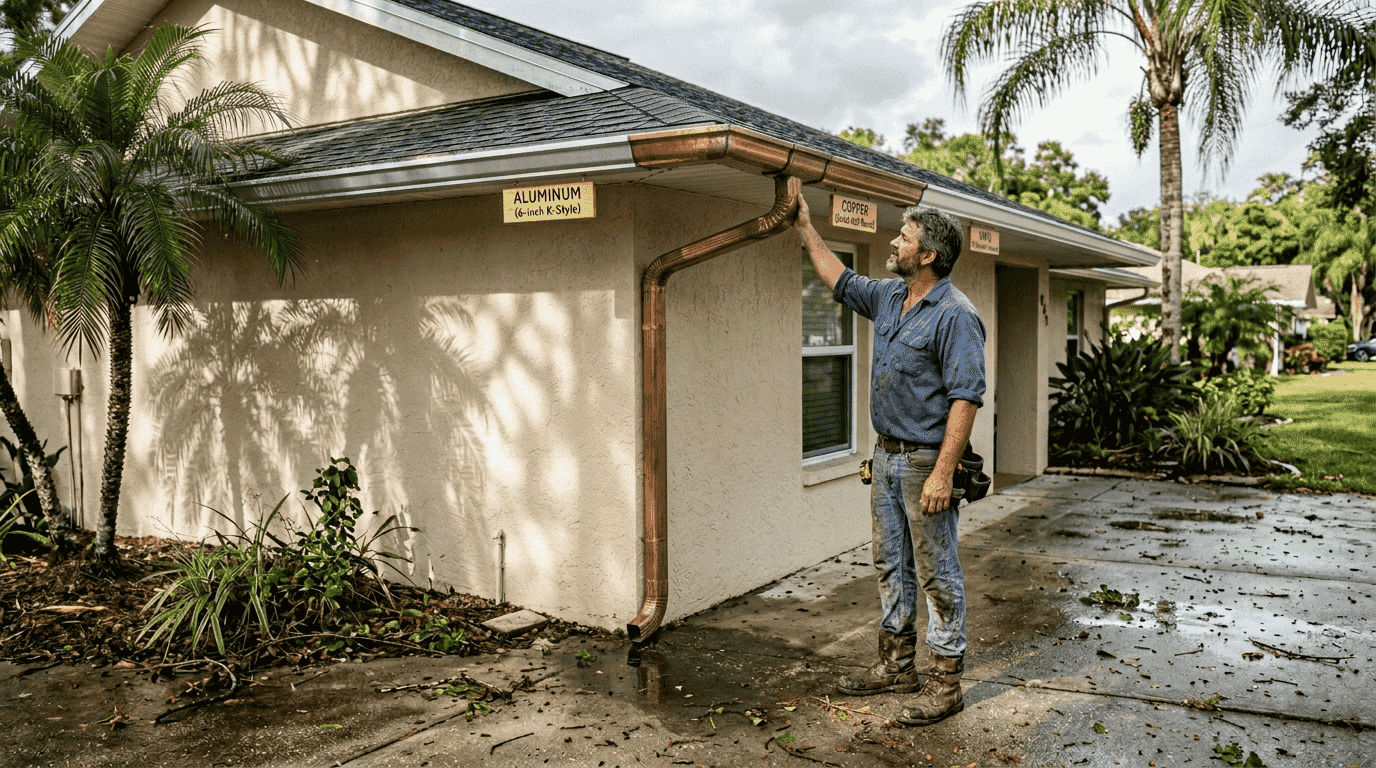 Contractor inspecting multiple gutter materials