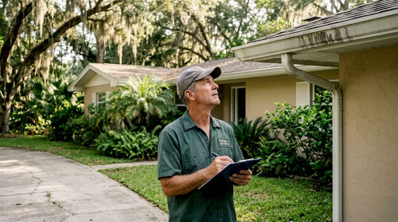 Contractor inspects gutters at Florida home