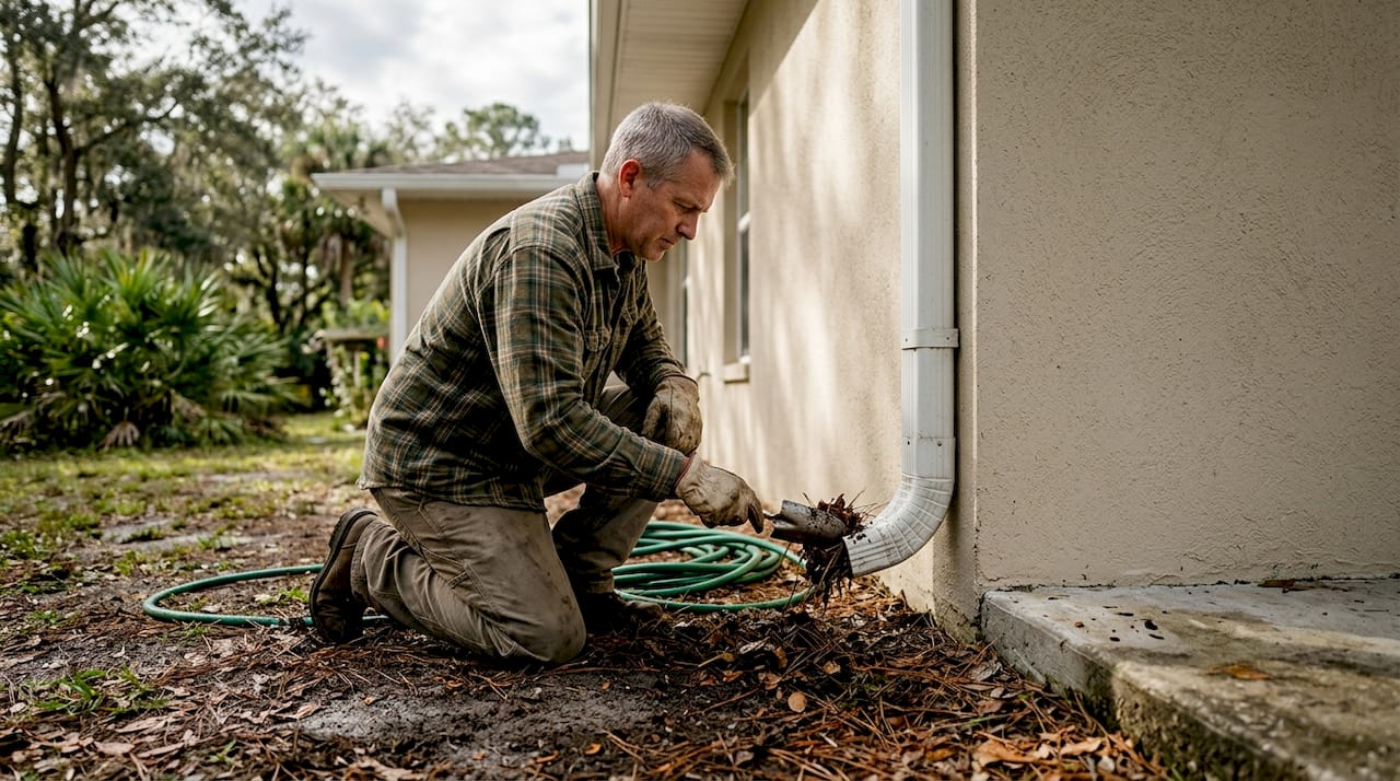 Homeowner clearing debris from downspout