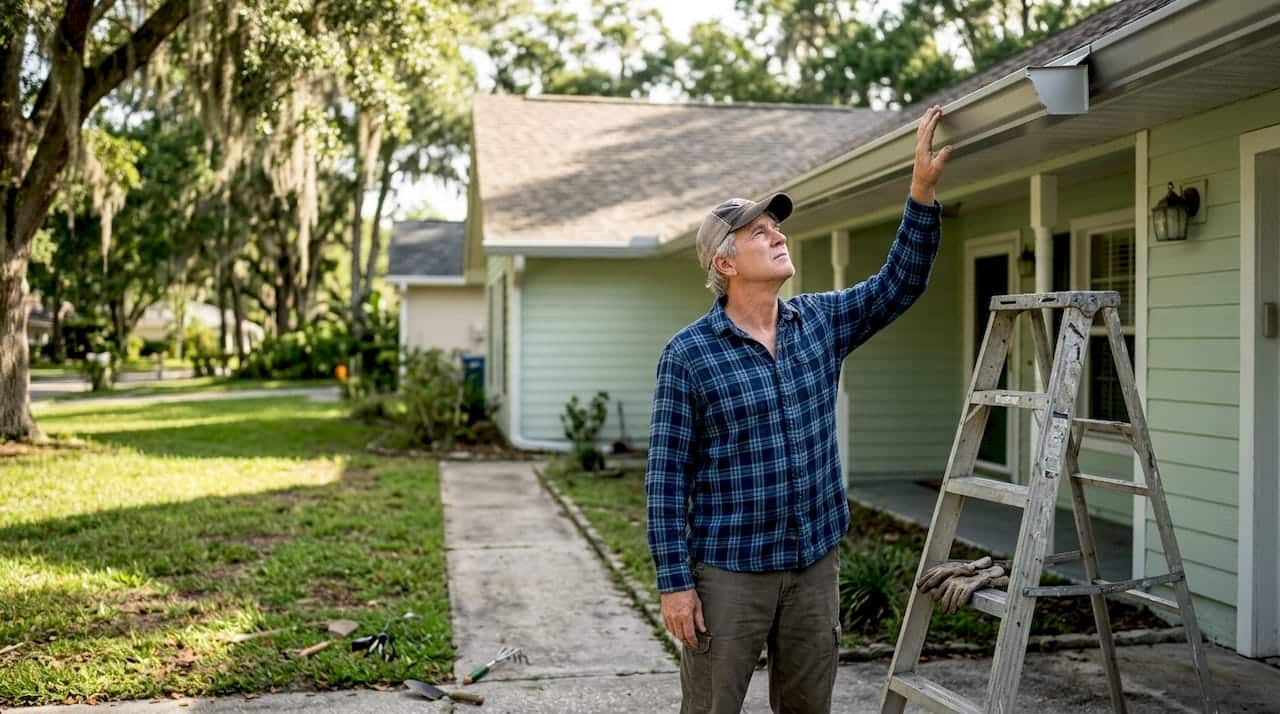 Homeowner inspecting LeafGuard gutters installation