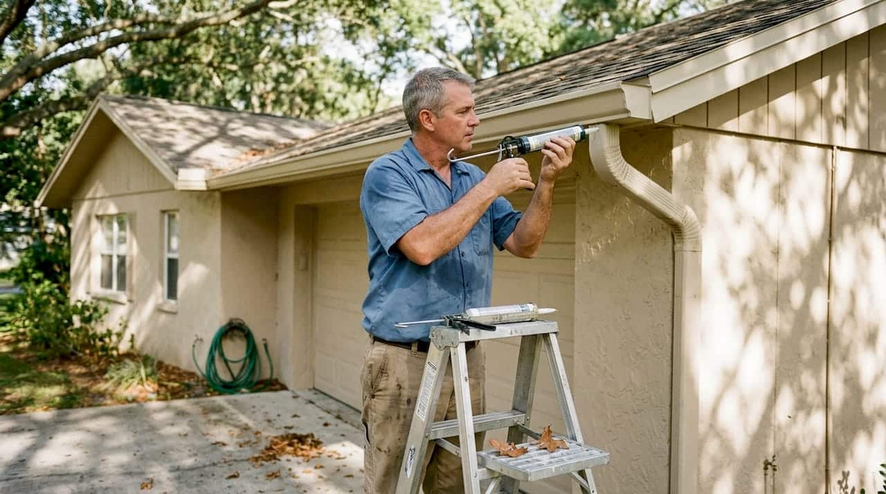 Homeowner sealing gutter in Florida sunlight