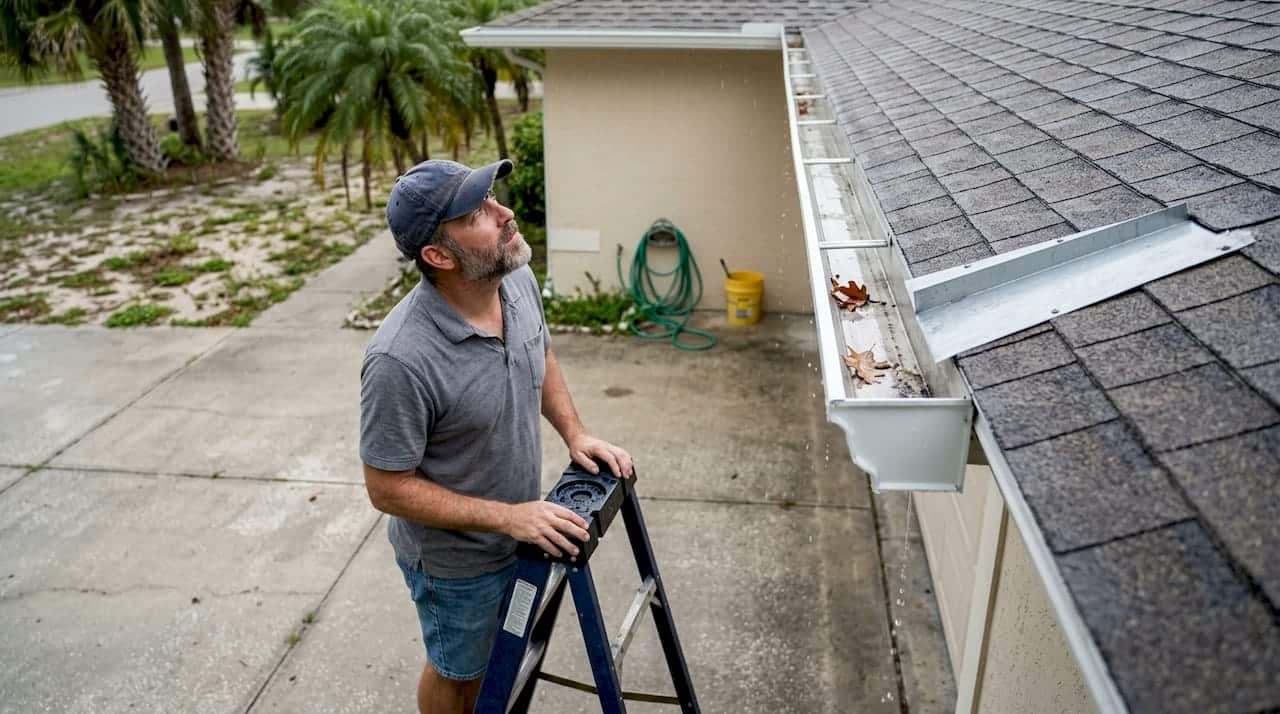 Homeowner inspecting gutters and rain diverters
