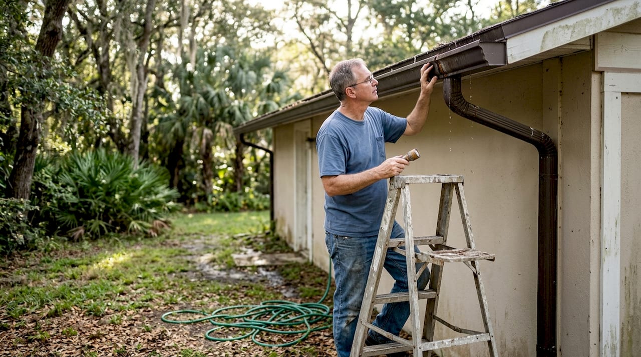 Homeowner inspecting leaking gutter joint