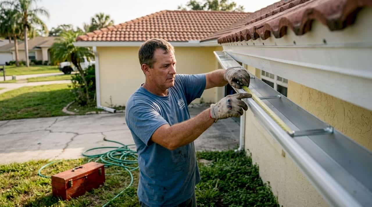 Installer measures seamless gutters on Florida home