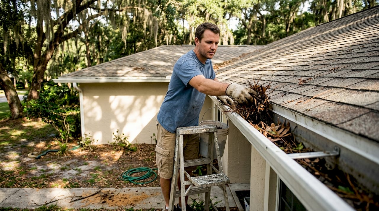 Homeowner removing gutter debris on Florida house