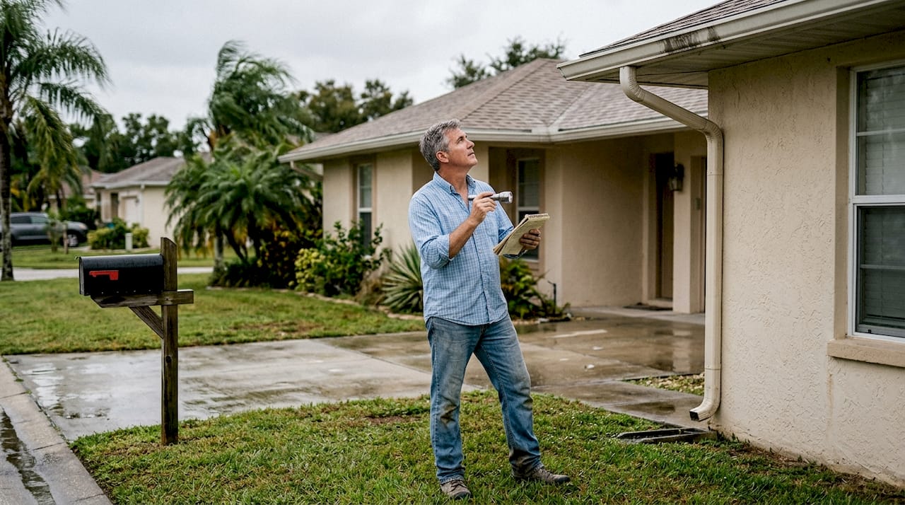 Homeowner inspecting gutters after Florida rainstorm