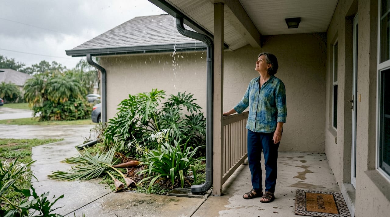 Homeowner observing gutters in Florida rain