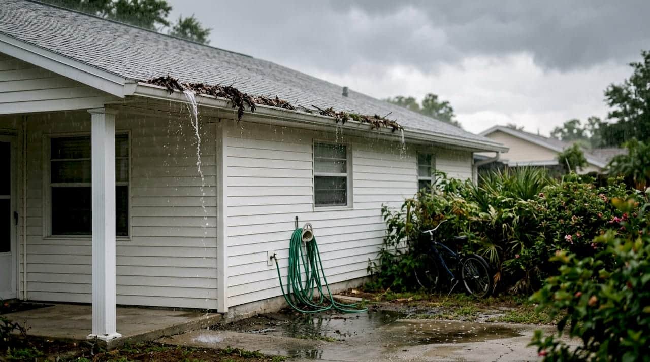 Rainwater overflowing clogged Florida home gutters
