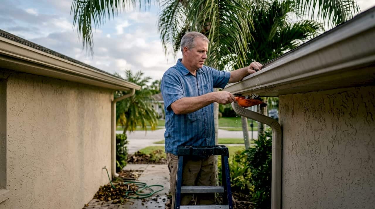 Homeowner inspecting clogged Florida gutter