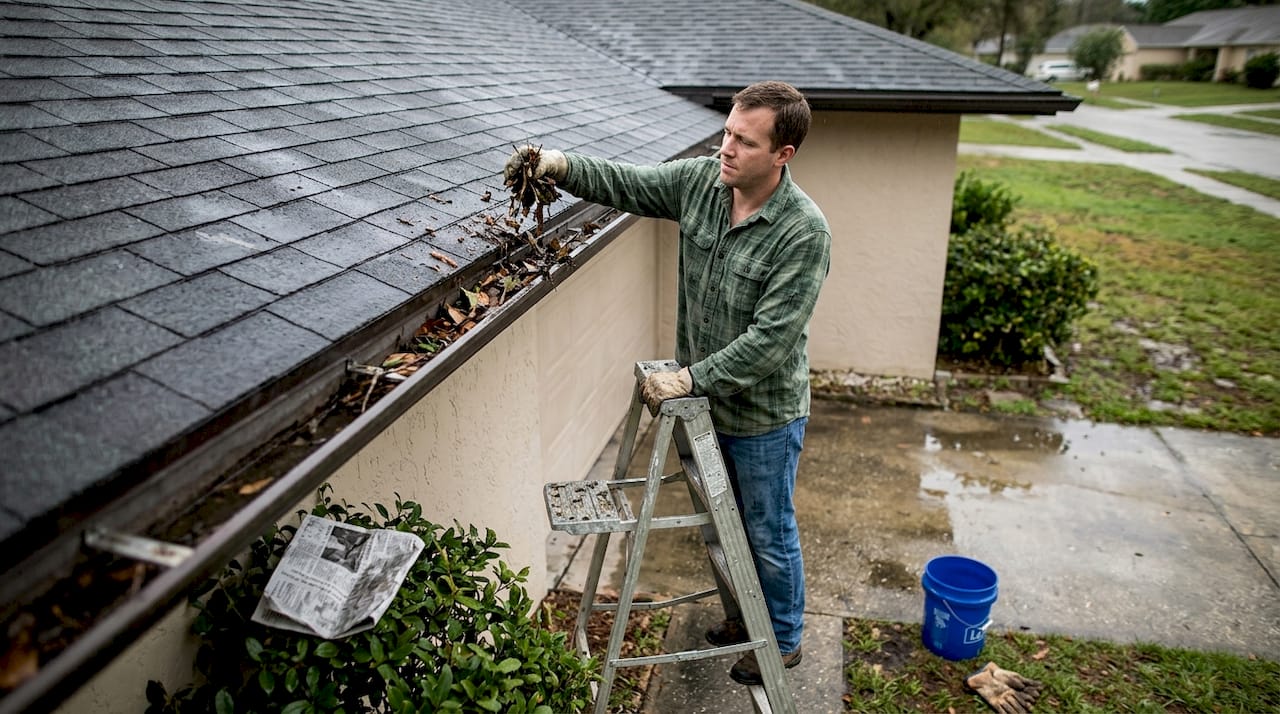 Homeowner inspecting clogged rain gutter after storm
