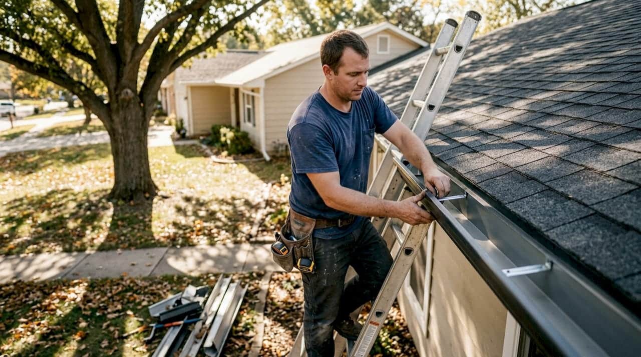 Roofer adjusts gutter on suburban home