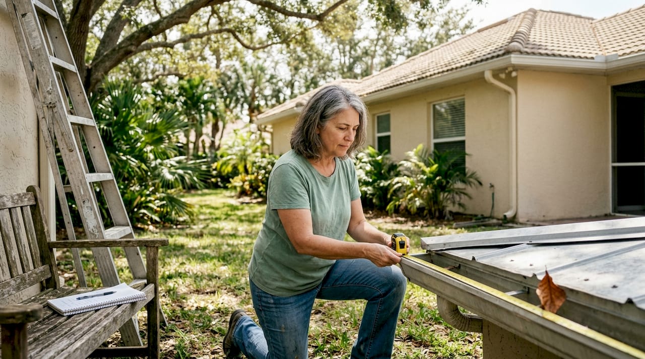 Homeowner measuring gutters on Florida house
