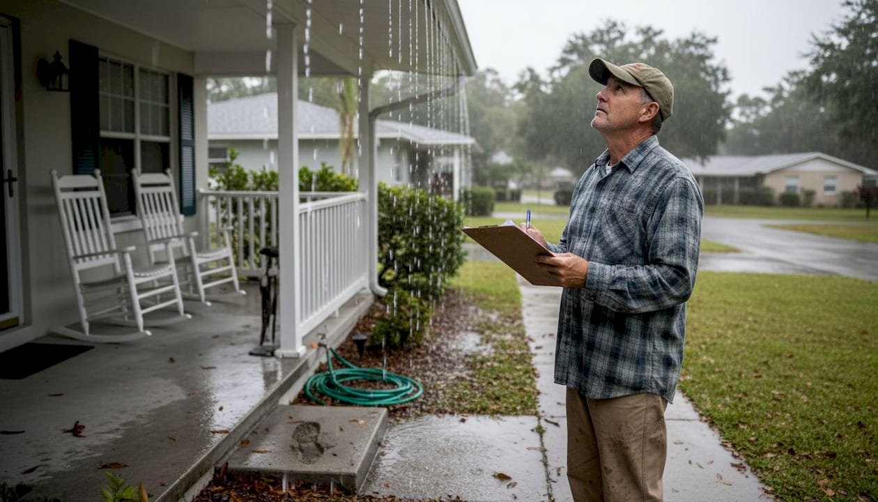Homeowner inspecting gutters during rain