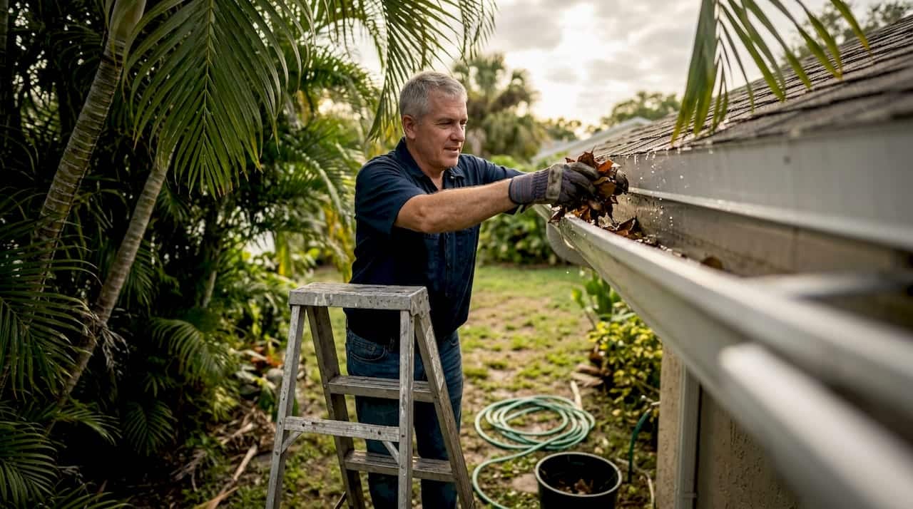 Homeowner removing leaves from house gutter