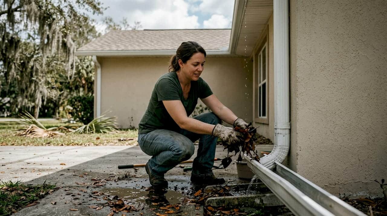 Homeowner cleaning downspout after rainstorm