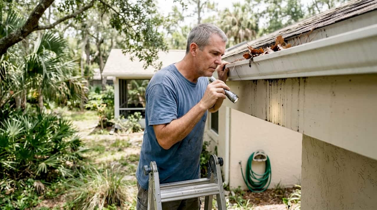 Homeowner inspecting roof gutters from ladder