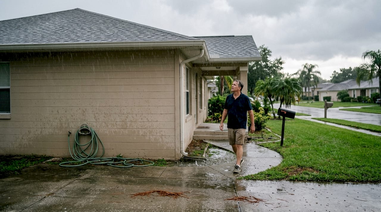 Homeowner checks gutters during heavy rain