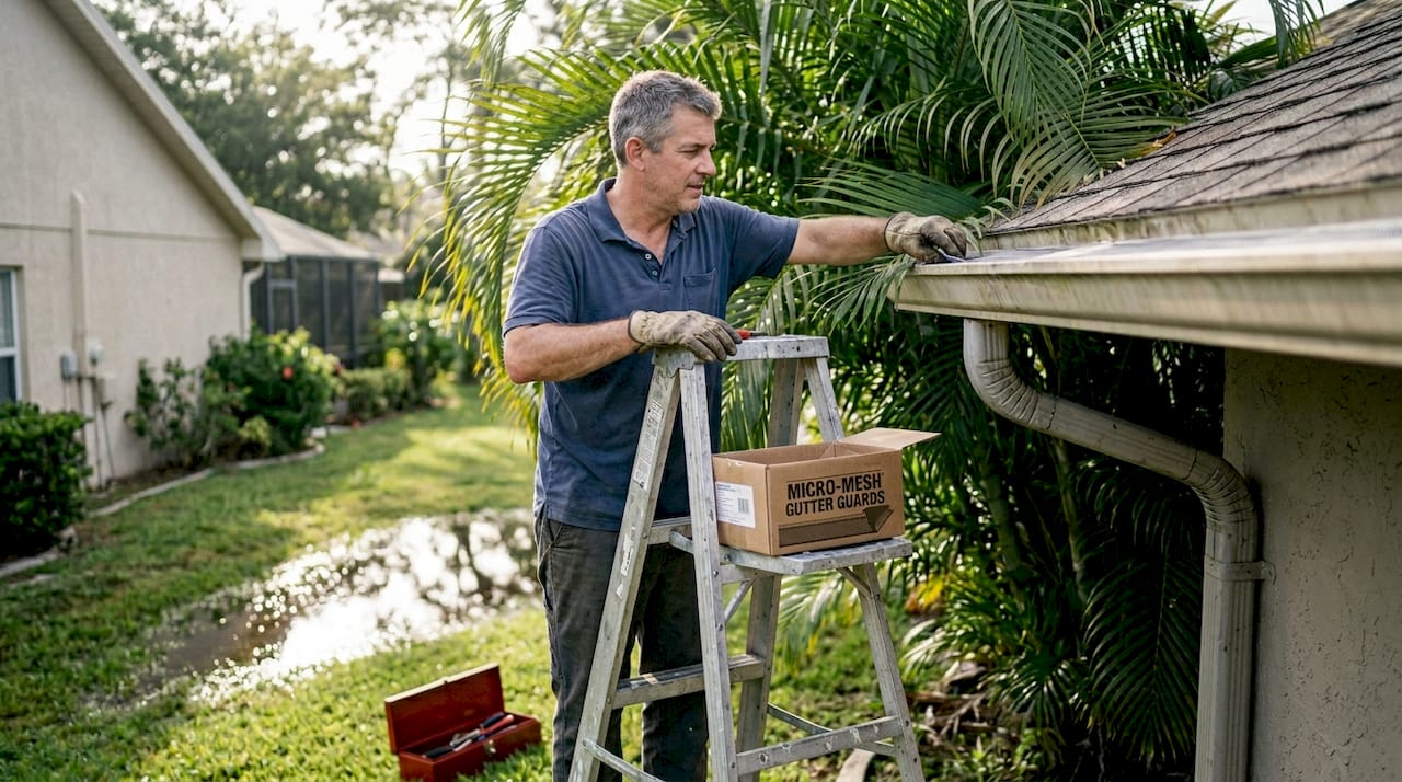 Homeowner installing gutter guards on ladder