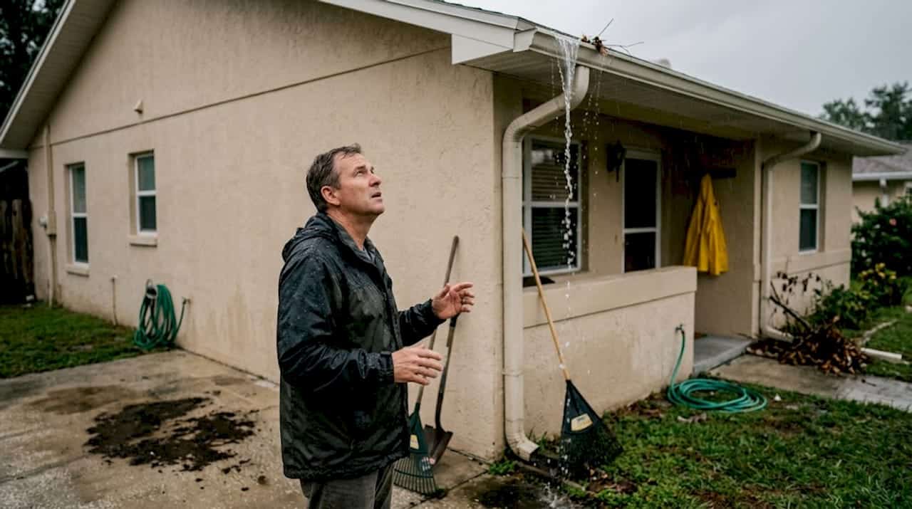 Florida homeowner observing overflowing gutters