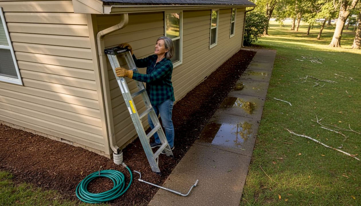 Homeowner inspecting downspout for cleaning