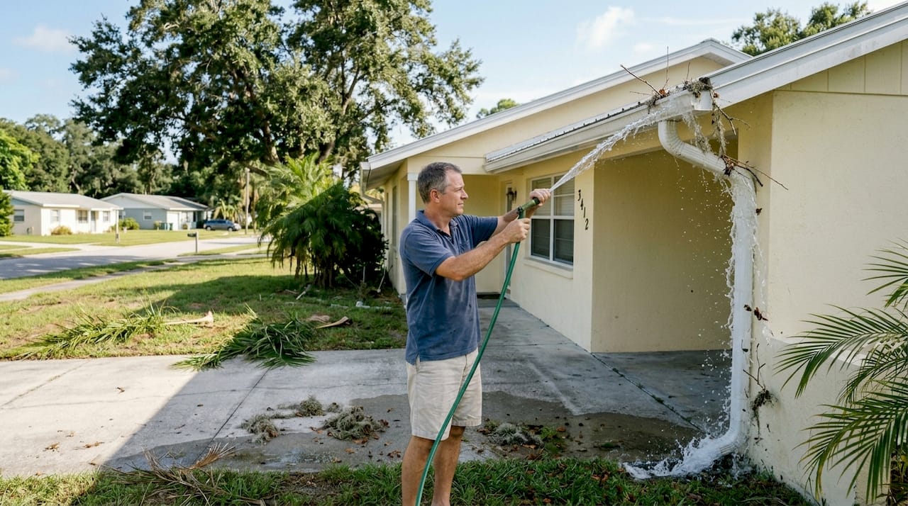 Homeowner cleaning Florida house gutters after storm