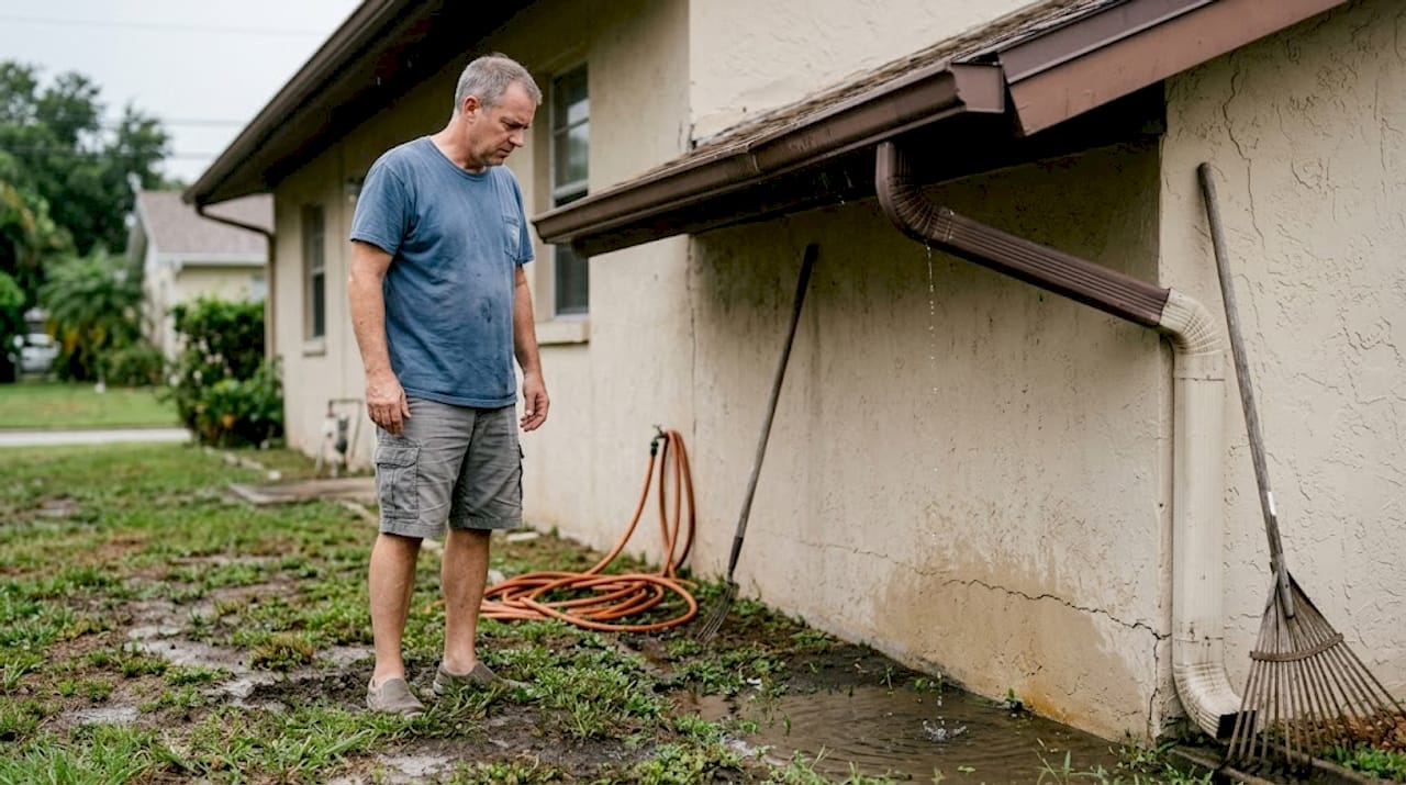 Homeowner checks pooling water near foundation