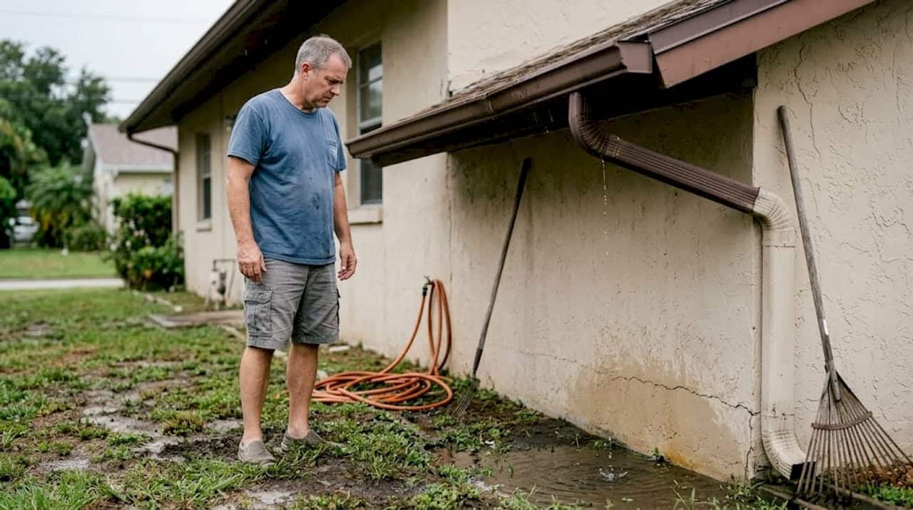 Homeowner checks pooling water near foundation