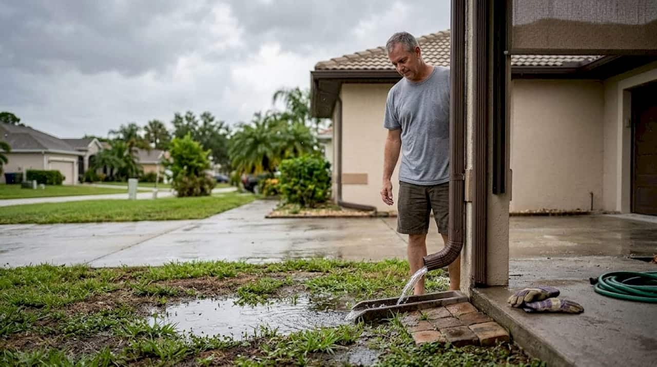 Florida homeowner observing downspout during rain